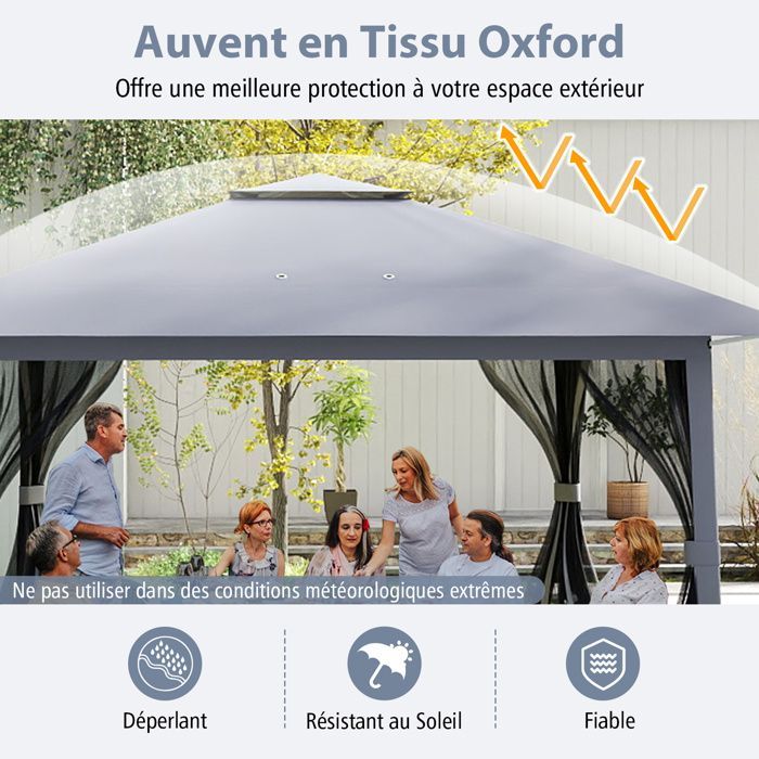 Tonnelle de Jardin Réception 394 x 394cm-COSTWAY- Pop-Up Hauteur Réglable à 3 niveaux -6 à 8 Personnes-Anti-UV Pliable pour Fête