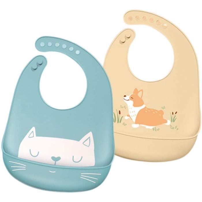 Babero de silicona suave para bebé, juego de 2 baberos de silicona impermeables, fáciles de limpiar - Silicona ultrasuave - Con abertura amplia