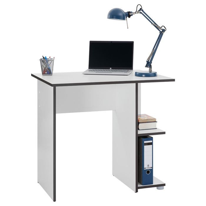 Bureau pour enfant ou adulte NOVA, bureau informatique table d'ordinateur rangement ouvert 2 tablettes en mélaminé blanc mat et