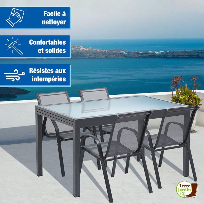 Sillas de jardín apilables de textilene (4 unidades) - Gris - TERRE JARDIN - Tejido de alta densidad - Sillas de jardín cómodas y elegantes
