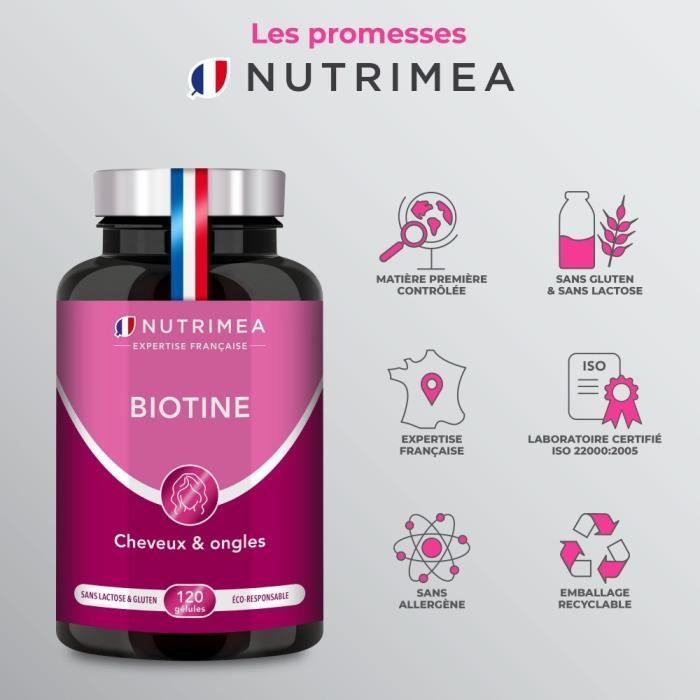 Biotine • Complément Alimentaire pour la pousse des cheveux, des ongles • Fabrication Française • 120 Gélules Végétales - Nutrimea
