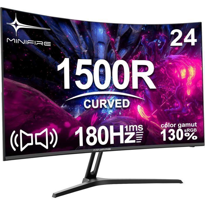 Minifire 24-inch Curved Gaming Monitor, 180Hz 1ms FHD with 1500R Speaker, Adaptive Sync, Adjustable Tilt, HDMI 1.4 DP 1.2