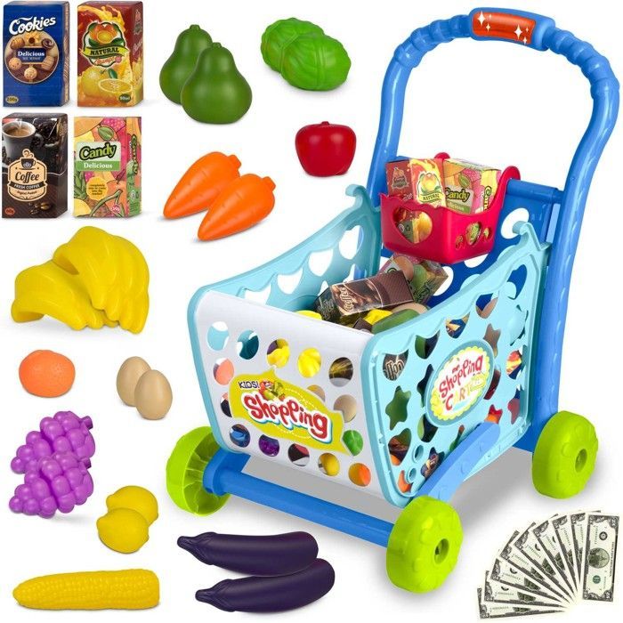 Children's Shopping Trolley - JANSHOP - Blue - 39x31x49 cm - 3-in-1 - LED Light - Accessories Included