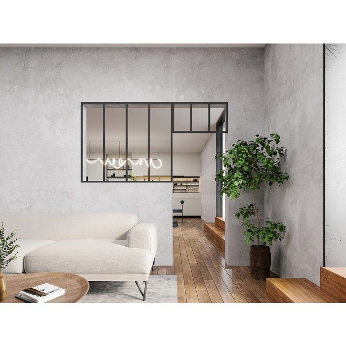 Parete divisoria in vetro stile officina con traversa in alluminio verniciato a polvere - L120 x H105 + L73 x H40 cm - Nero - BAYVIEW