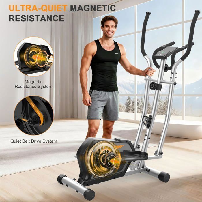 Elíptica silenciosa 3 en 1, 16 niveles de resistencia, peso máximo 130 kg, pantalla LCD, compatible con aplicaciones, ideal para entrenamiento cardiovascular en casa, color plata/naranja.