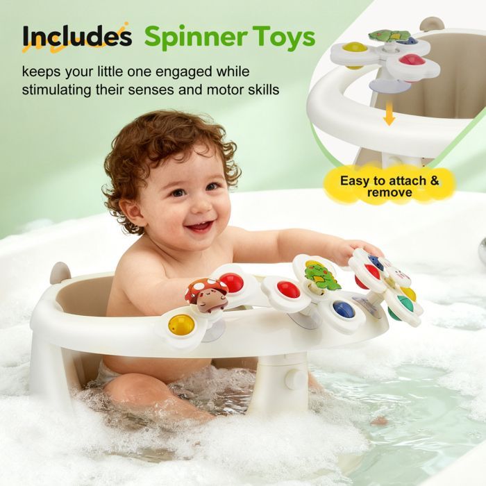 Asiento de baño para bebés 2 en 1 con juguetes, apto a partir de 6 meses, accesorio ergonómico para bañera con 4 ventosas antideslizantes.