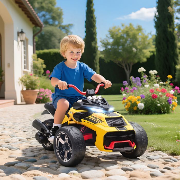 Quad eléctrico infantil - Coche eléctrico para niños - AIYAPLAY - 12V, 3 ruedas, 2 motores, reproductor MP3 - 113 x 74 x 63 cm - Amarillo