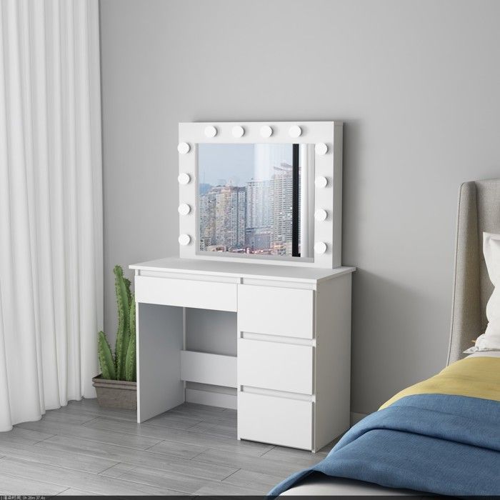 Coiffeuse table de maquillage avec 4 tiroirs et miroir LED blanc - PEGANE - Contemporain - Design