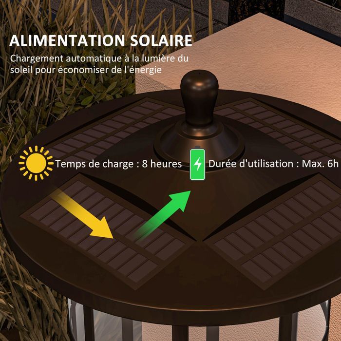 Lampadaire sur pied solaire extérieur jardin avec lampe LED 23,5 x 23,5 x 184 cm noir