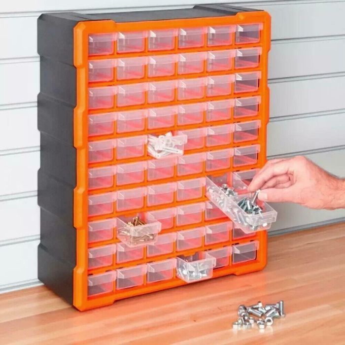 Caja de herramientas de plástico con 60 compartimentos extraíbles. Estante para tornillos.