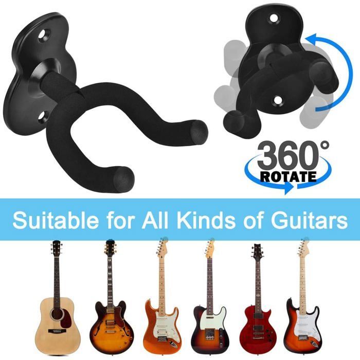 Wall mount for acoustic guitar, classical guitar, bass, electric guitar, 2-pack Black