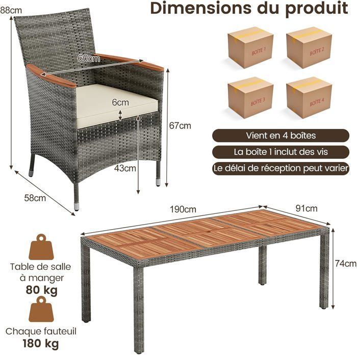 COSTWAY Salon de Jardin avec 1 Table et 8 Chaises en Bois et Rotin Anti-UV, Pieds Réglables et Coussins Imperméables Inclus, Gris