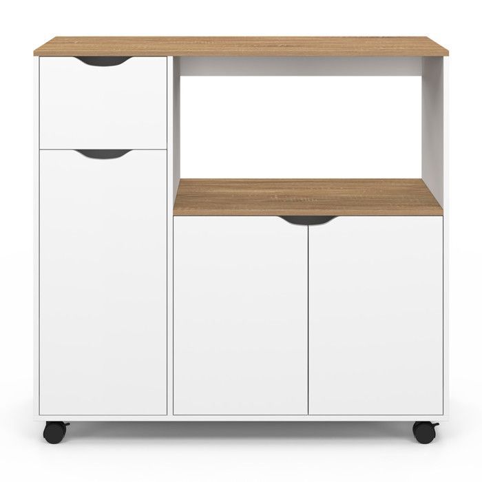 IDMARKET COSI XXL Kitchen Microwave Cart with Cupboards, White Wood Drawer and Beech-Effect Shelves, 90 cm Wide