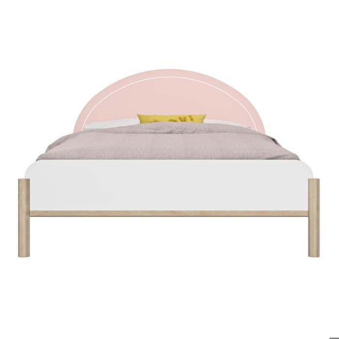Cama de 120 cm x 190 cm con iluminación LED y cabecero rosa con efecto madera.