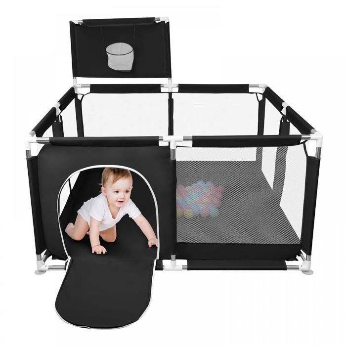 Parque infantil para bebés - XUANYU - Parque infantil XL con barreras + puerta con cremallera + pelotas + soporte para baloncesto - Negro