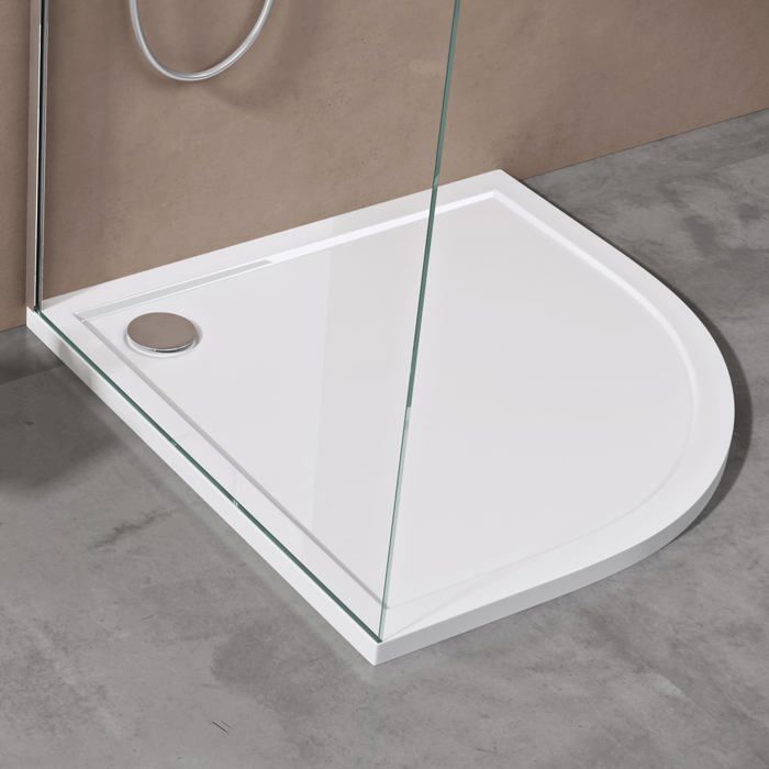 Plato de ducha acrílico Sogood Faro03, base plana blanca en forma de cuarto de círculo, 100x100x4cm con tapón AL02.