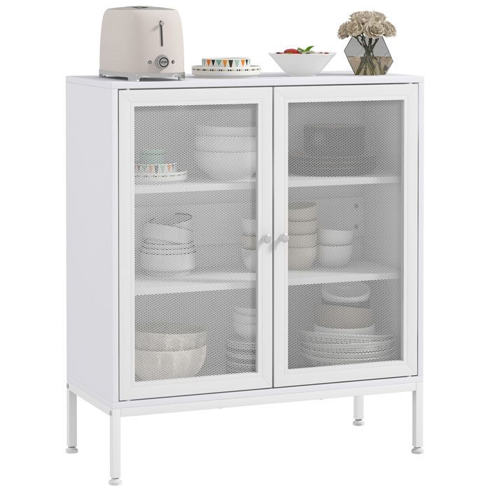 Kitchen sideboard - HOMCOM - 3 tiers - mesh doors - adjustable shelf - modern - for living room and dining room - white