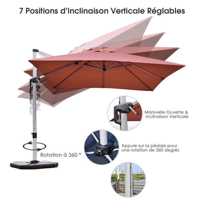 COSTWAY 3M Vierkante Cantilever Parasol met Kruisvoet, 360° Draaibare Aluminium Paal, Kantelbare Zwengel, 8 Baleinen, Oranje