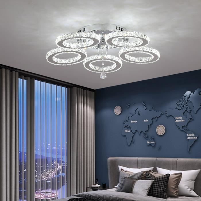 Moderner LED-Kristalllüster mit 5 Ringen, Einbau-Pendelleuchte aus Edelstahl
