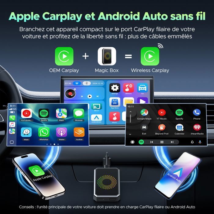 Adaptador inalámbrico TOGUARD para CarPlay compatible con Android Auto AI-BOX, función de vídeo para múltiples aplicaciones, Mirror Link y CarPlay con cable.