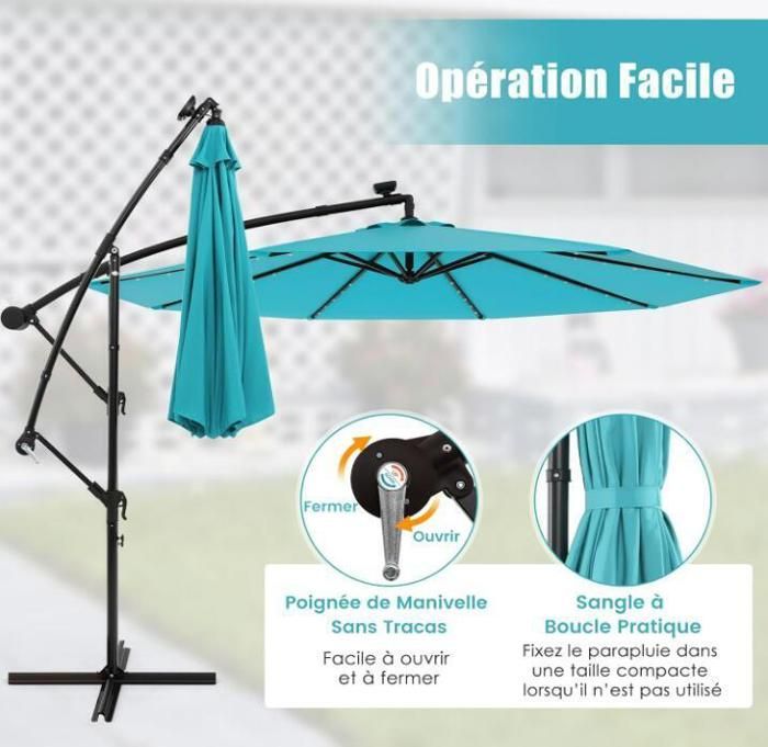 Parasol de Jardin Extérieur - RELAX4LIFE- Dia 300CM - 40 LED - 8 Baleines - Incliné 35°- Pied en Croix - Parasol Déporté -Turquoise