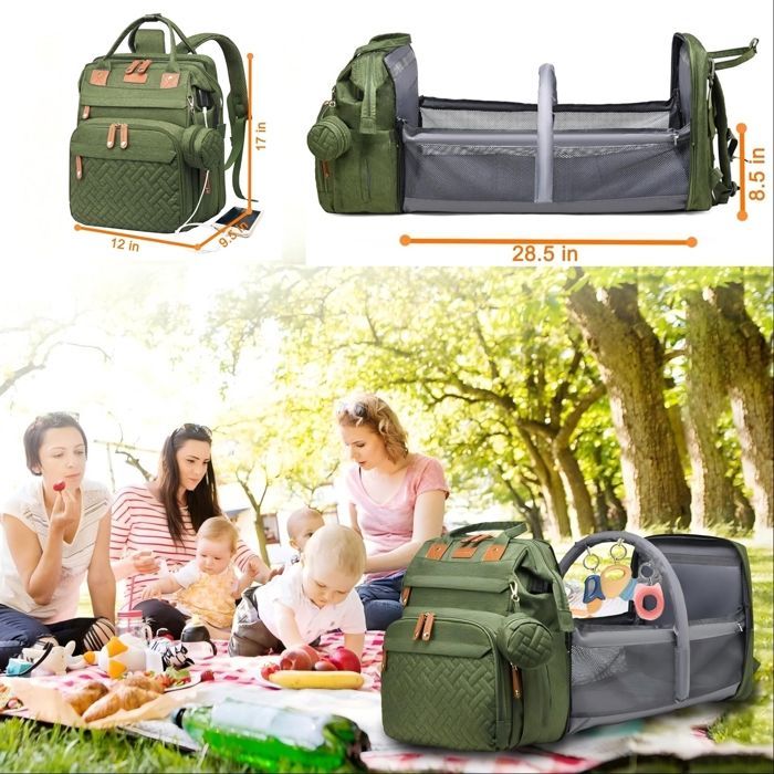KENLUMO Diaper Backpack, Baby Changing Mattress Bag – Large Capacity Multifunctional Waterproof Diaper Bag, Green Travel Bag