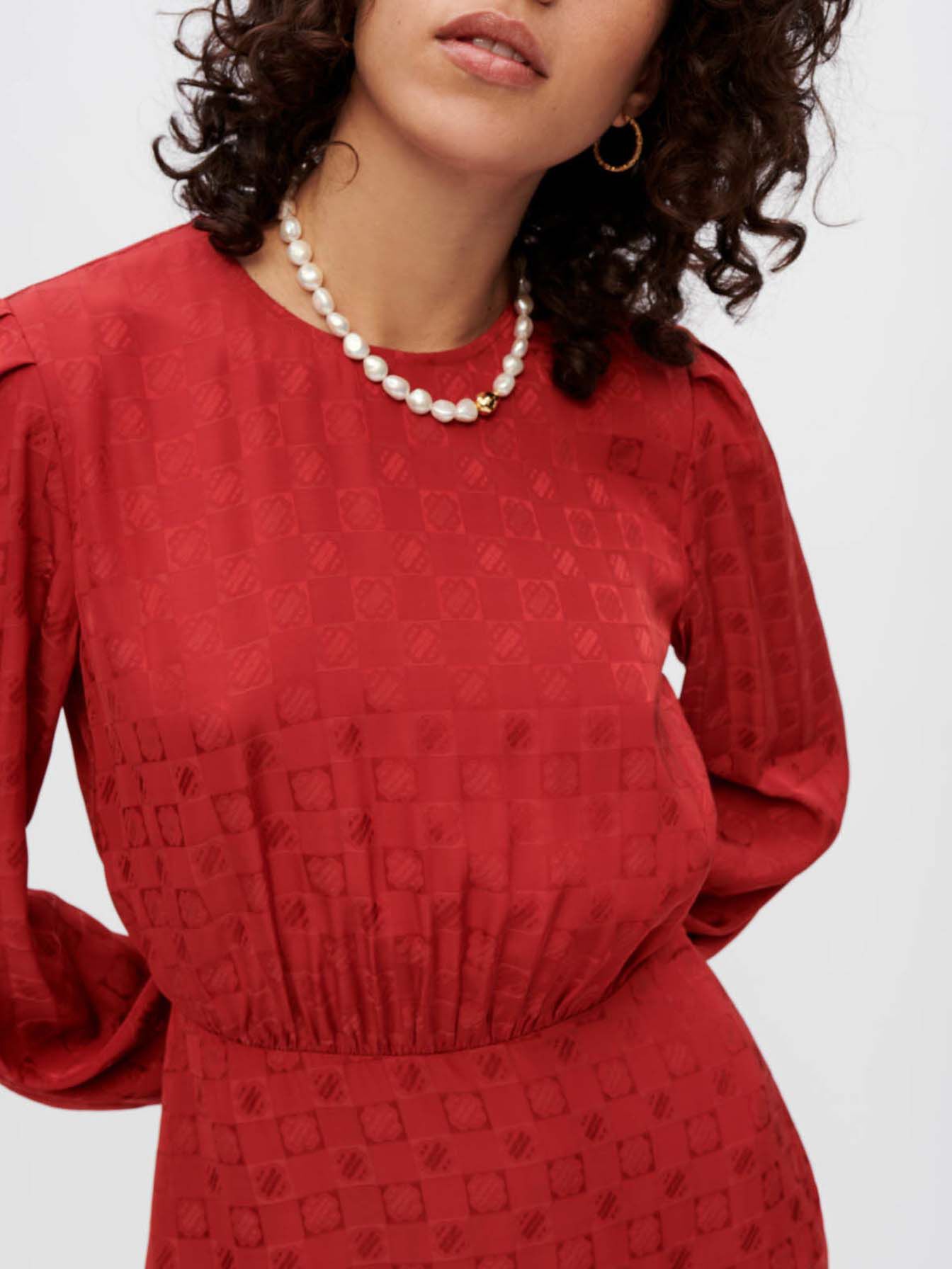 Clover Maje Viscose Jacquard Jurk - Rood