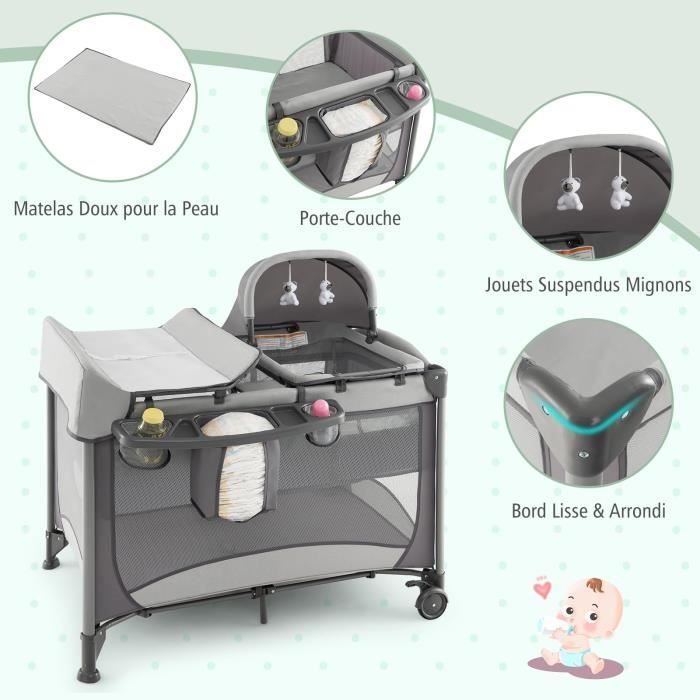 DREAMADE 5-in-1 Foldable Baby Travel Cot with Changing Table, Mattress, Removable Bassinet, Wheels with Brakes, 0-3 Years, Grey