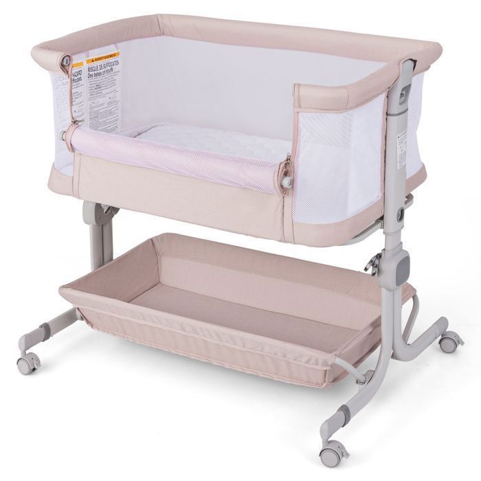 Lit Cododo Bébé avec Matelas 2,5cm COSTWAY-Dès la Naissance-9 kg-6 Hauteurs-4 Roulettes-Portable Pliable-Étagère de Rangement-Beige
