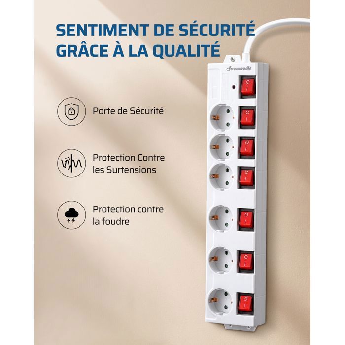 DEWENWILS Multiprise parafoudre 16A - 6 Prises avec 7 Interrupteurs - Câble 2M - Blanc - 3680W max.