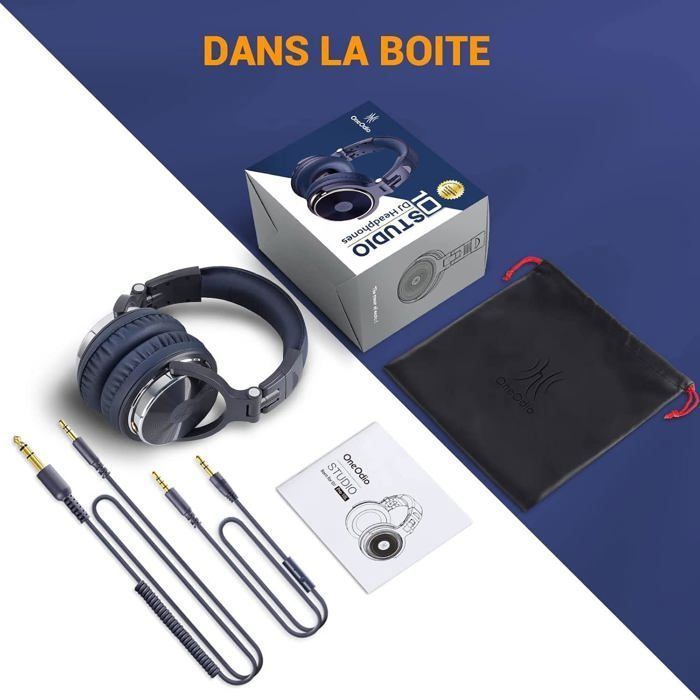 Auriculares para DJ OneOdio Pro10, auriculares profesionales con cable para estudio de audio con micrófono, auriculares de monitorización, graves potentes, plegables, azul oscuro.