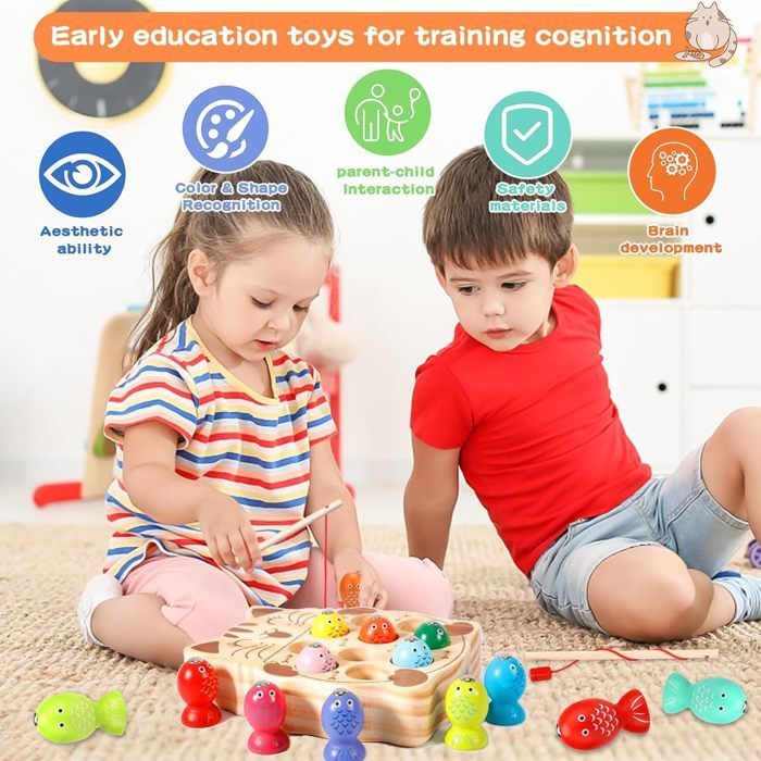 Jeux de pêche en bois - Montessori - 2 ans - Jouet éducatif - Sûr et non toxique - Mixte
