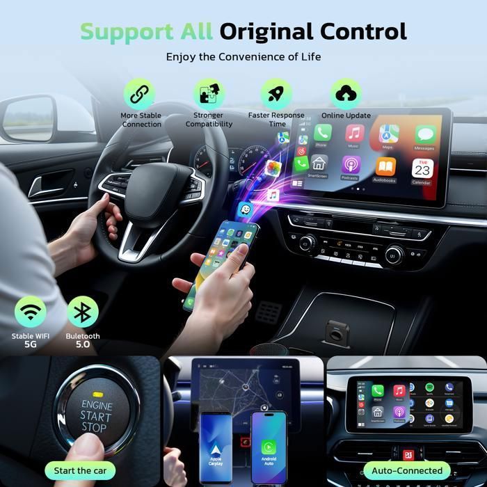 Adaptador inalámbrico CAMPARK para Apple CarPlay y Android Auto, Bluetooth 5.0, WiFi 5.8GHz, USB C/A