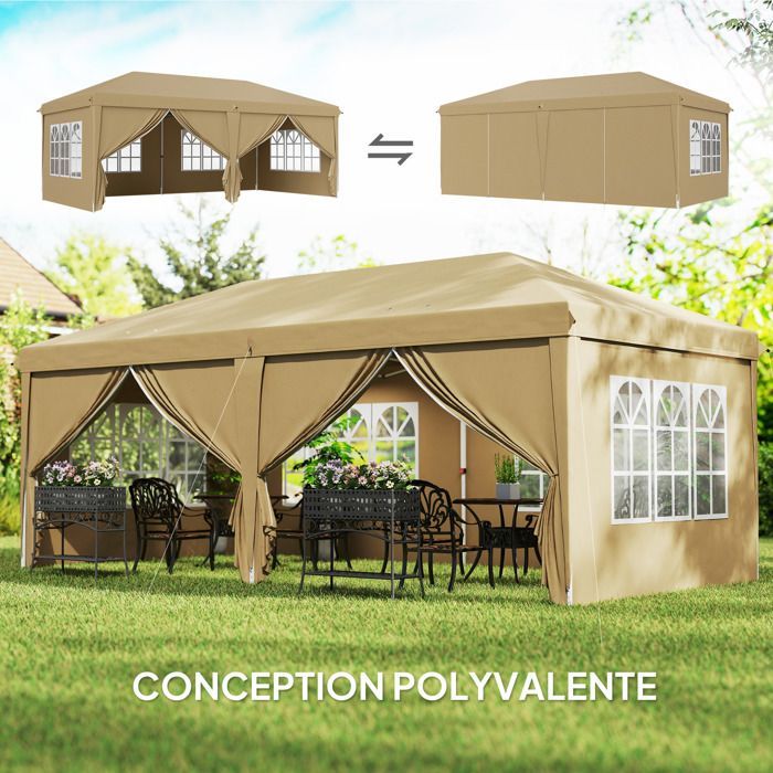 Tonnelle pliante - Outsunny - 4 parois latérales amovibles et 4 fenêtres - sac de transport inclus - 6 x 3 x 2,7 m - kaki
