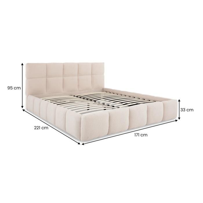 Cama doble CLOUDY, tapizada, 160 x 200 cm, tamaño Queen, color beige, confort óptimo con somier de láminas incluido.