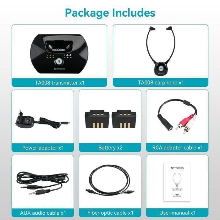 Cuffie TV wireless Retekess TA008, bassa latenza 2.4G, apparecchio acustico, 10 ore di autonomia, stereo, amplificazione del suono per anziani