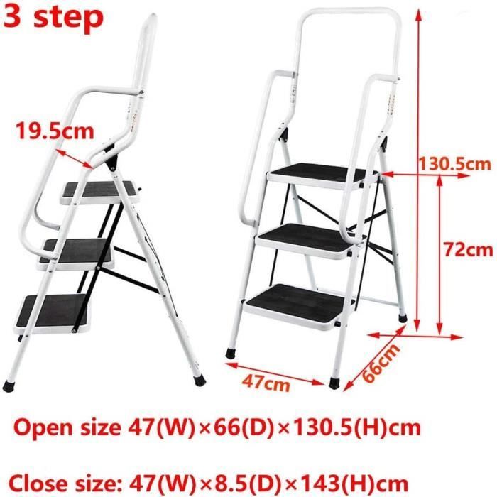 3-step stepladder with handrails, foldable for safety, non-slip, lightweight (8.5 kg) for home office