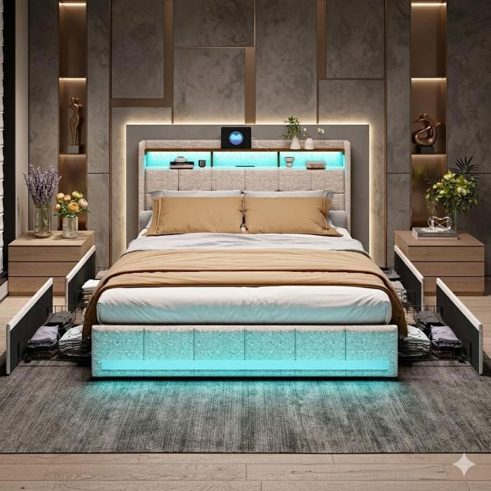 Bedframe - SUNFECILI - 180x200 cm - 4 lades - USB - LED - Linnen stof