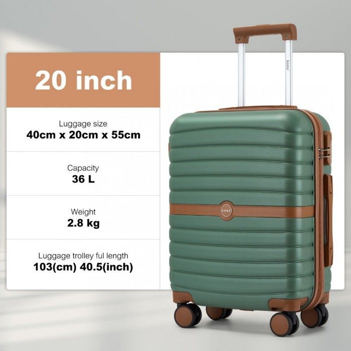 Juego de 3 maletas de viaje Kono, maleta de 55 cm con 4 ruedas y cerradura + bolsa de viaje plegable con neceser, color verde.