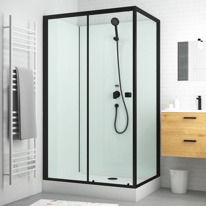 Mampara de ducha rectangular de 110x80x197 cm - Puerta corredera - Panel trasero blanco y perfiles en negro mate