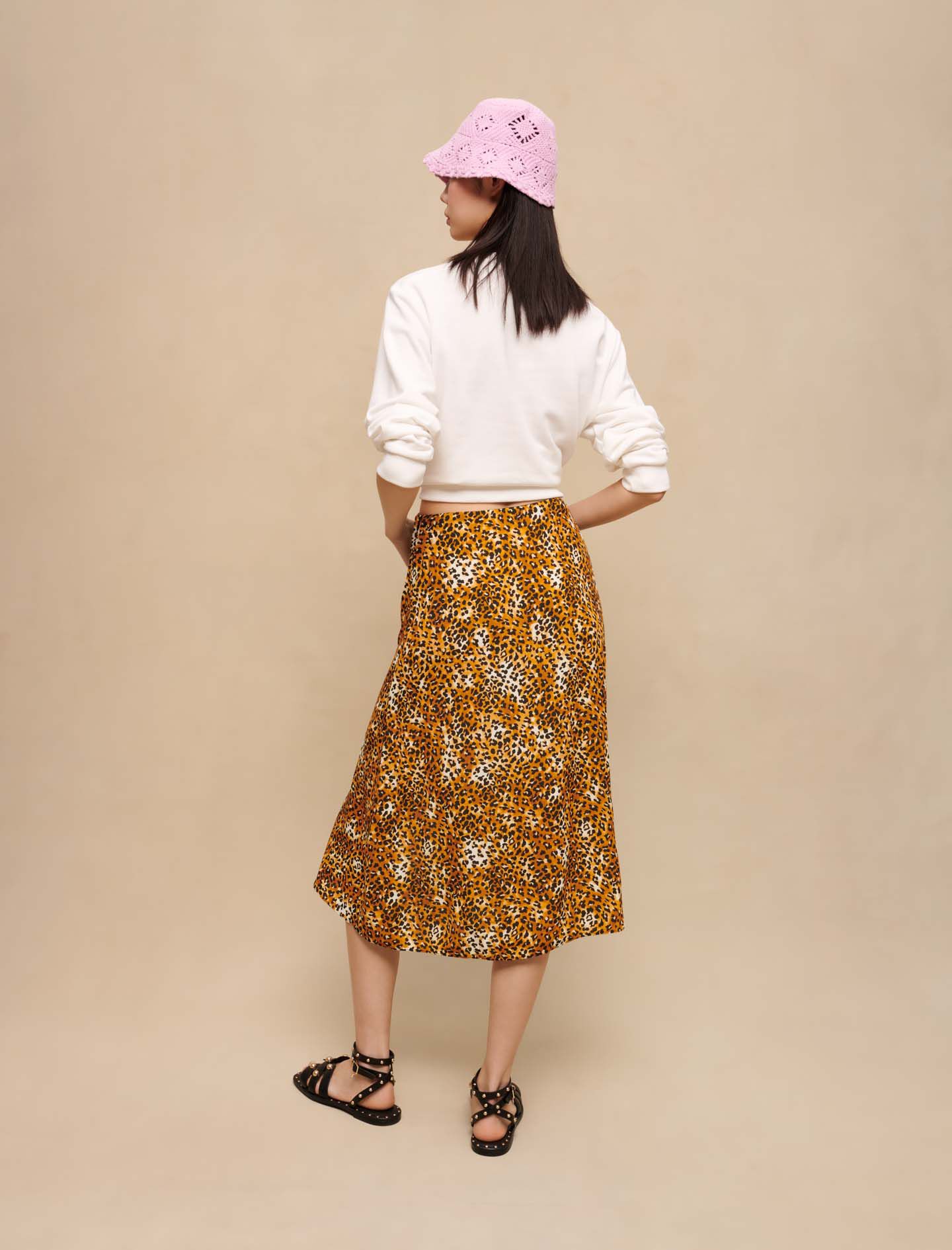 Falda midi con estampado de leopardo-Léopard beige