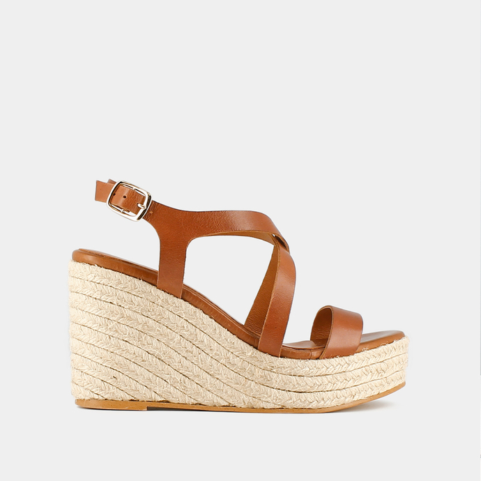 Espadrilles à brides croisées compensées  en cuir cognac