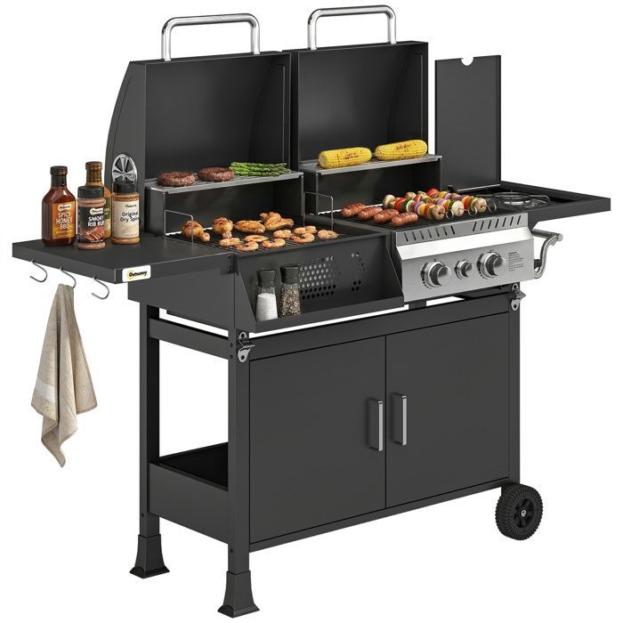 Barbecue hybride gaz et charbon de bois - Outsunny - barbecue mixte 2 en 1 avec 3 brûleurs et feu latéral thermomètre - acier - noir