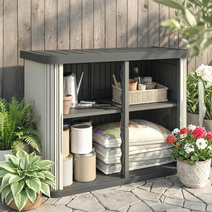 Caja de almacenamiento exterior Outsunny - 2 niveles con puertas correderas, resistente a los rayos UV - PP - 480 L - marrón claro