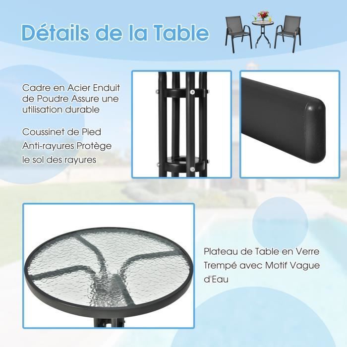 COSTWAY Salon de Jardin 3 Pièces - 1 Table de Jardin Exterieur avec 2 Fauteuils, Plateau Ø 60 cm en Verre Trempé Cadre en Acier