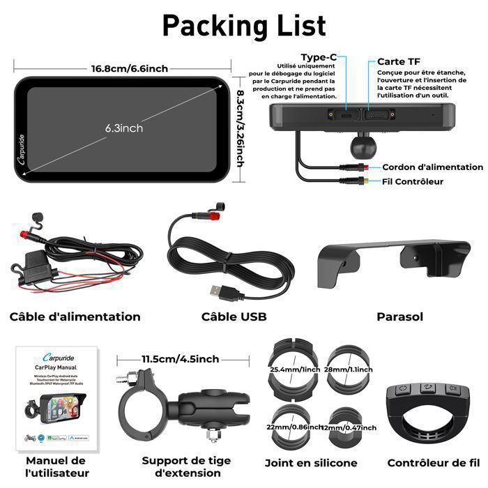 Autorradio Carpuride W603, pantalla para motocicleta de 6.3