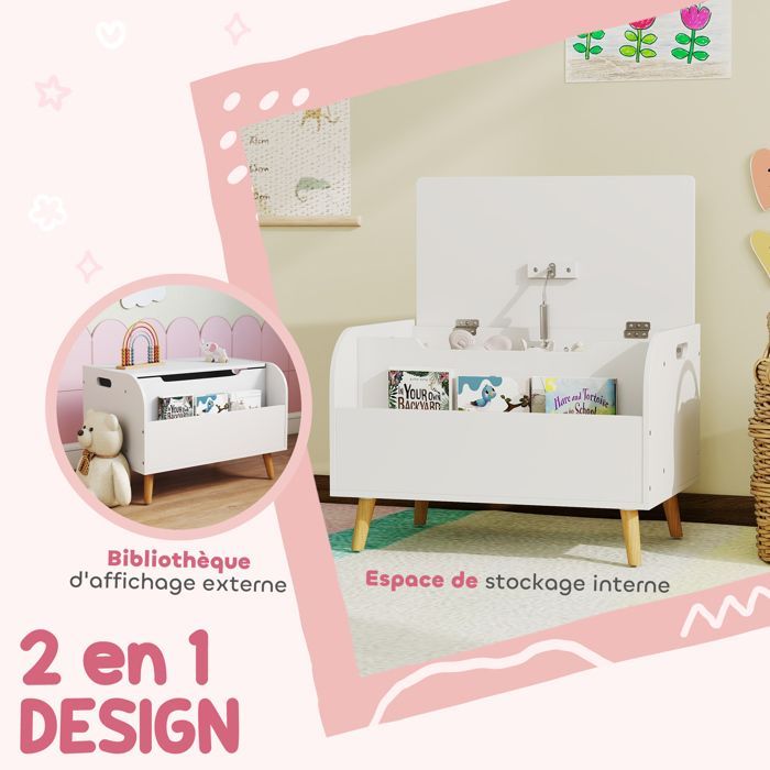 Children's toy chest - AIYAPLAY - hinged lid and open compartment - MDF - 60x40x43cm - white
