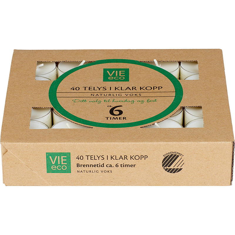 Vie Eco theelichtjes, verpakking van 40 stuks, brandt 6 uur, ECO Nordic Swan Ecolabel