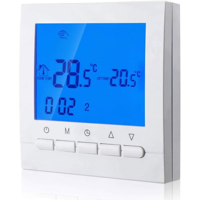 Thermostat numérique chauffage connexion 2 fils avec programmation 6 jours ouvrables et 2 périodes week-ends