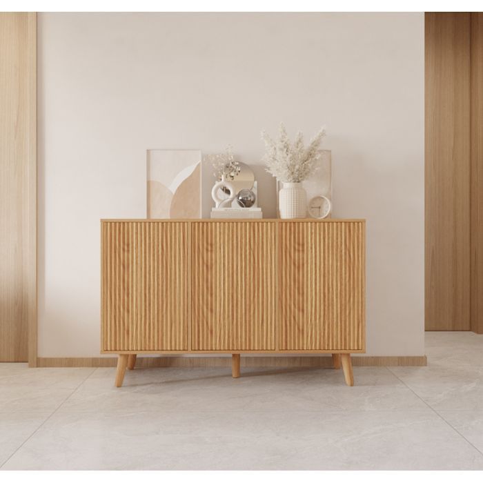 Buffet Enfilade RENZO - Design 3D Strié - 3 Portes Push-to-Open - L 120 cm - Chêne Alba Mat - Pieds 15 cm - Style Scandinave